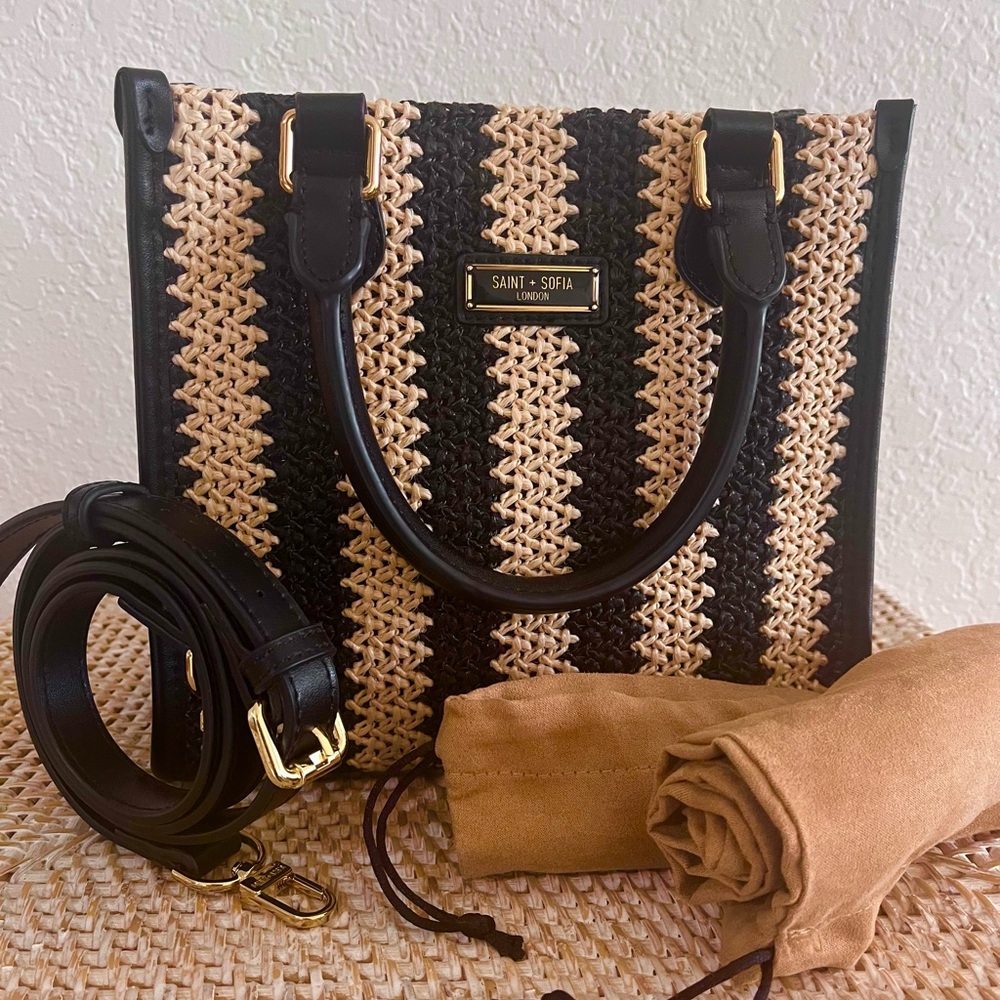 SAINT & SOFIA Mini Tote Bag Raffia Black/Tan Leather Artisan Handbag W/Strap - Picture 2 of 15